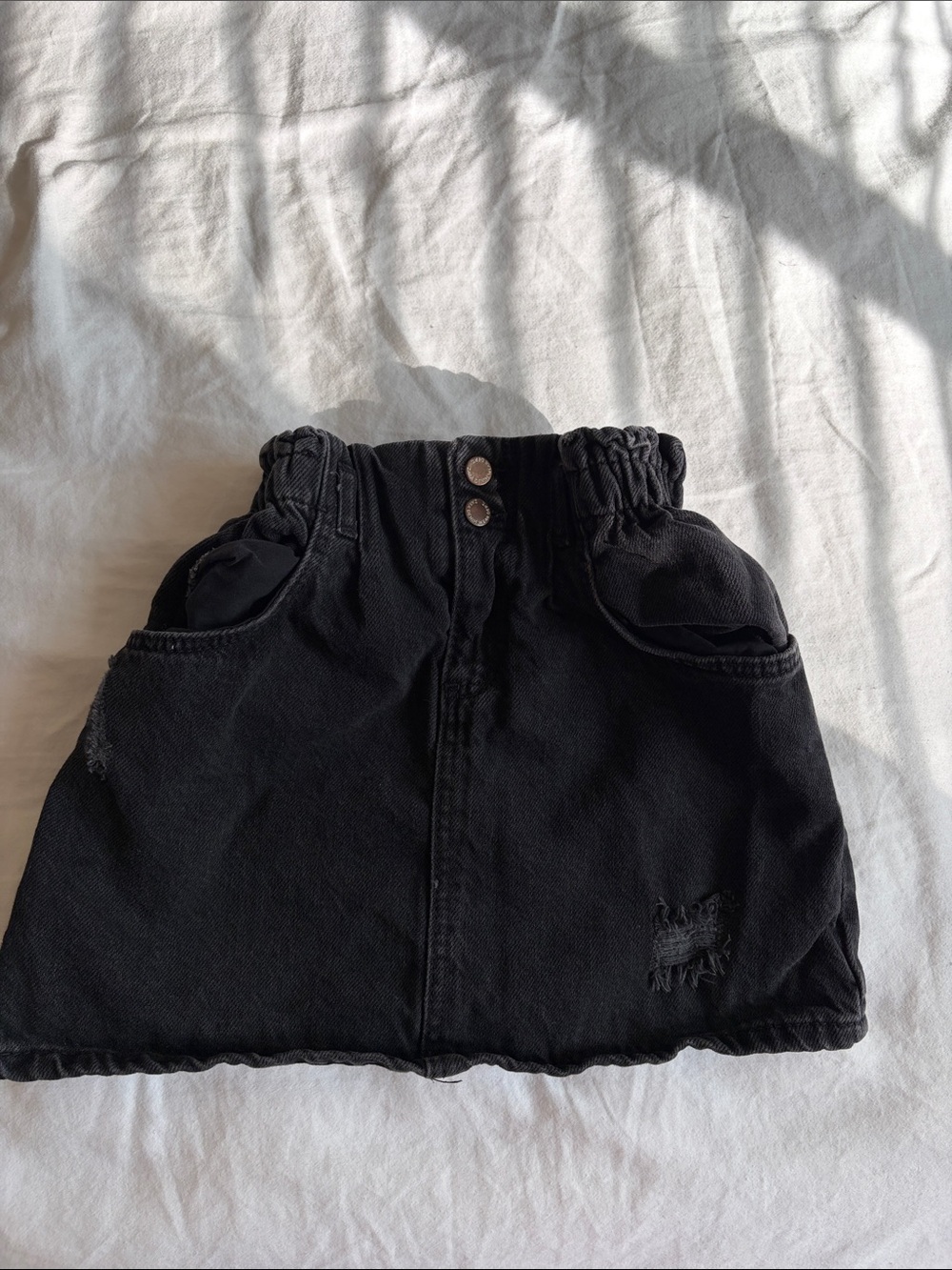 Zara Black Elastic-Waist Distressed Denim Skirt